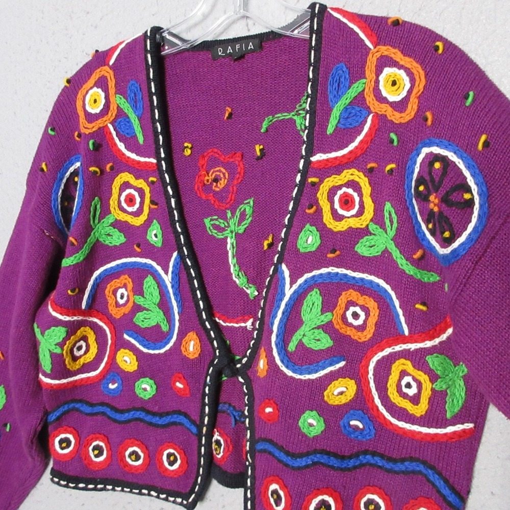 Vintage Rafia Sweater Cardigan Large Floral Embroidered Colorful Statement Boho - Picture 3 of 14